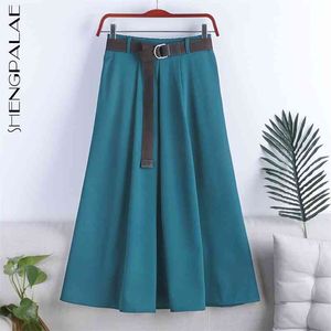 elegant A-type high waist thin skirt women's spring solid color pleated belt mid length female 5C161 210427