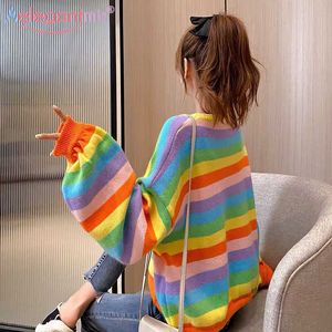 ElegantMis Kobiety Luźne Dorywczo Rainbow Dzianiny Swetry Jesień Knit O-Neck Długi Rękaw Sweter Sweter Panie Jumper Topy 210607