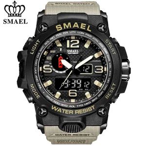 Smael Brand Fashion Watch Men Vattentät Sport Militär Klockor 1545 Mäns Luxury Armbandsur Analog Quartz Dual Display Watch 210804