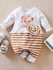 Baby Striped & Lion Print Flounce Sleeve Frill Bow Front Jumpsuit SHE