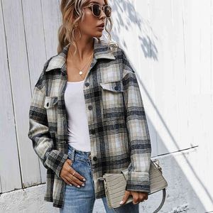 Fashion Autumn winter long-sleeved loose plaid shirt jacket coats women Casual Plaid Coats tops for women vintage jacket 210514