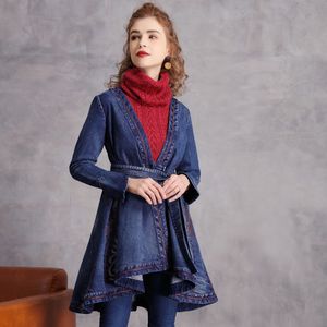 Johnature Women Embroidery Floral Trench Vintage Denim Cotton Bandage Coats Autumn Blue V-Neck Irregular Female Trench 210521