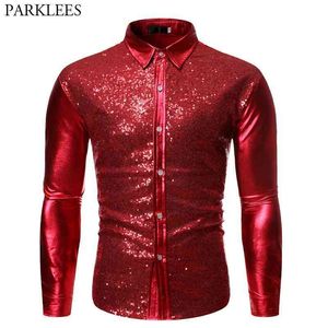 Męskie Metalowe Błyszczące Czerwone Cekiny Disco Koszula Marka Z Długim Rękawem Wedding Party Glitter Koszule Dance Bal Clubwear Kostium S-XL 210522