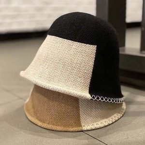 Cappelli a tesa larga Designer giapponese Stile semplice Cappello da pescatore a colori a contrasto Donna Autunno Inverno Caldo cappello a secchiello con copertura in maglia