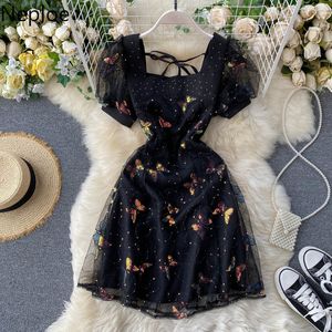 NAPOE Zarif Elbise Kadın Yaz Robe Siyah Kelebek Pullu Elbiseler Tatlı Kız Puf Kısa Kollu Slim Fit Gazlı Bez Vestidos 210422