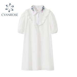Women Summer Fashion Floral Embroidery White Dress Streetwear Puff Short Sleeve Frcoks Preppy Style Ins Ruffle Vestiods 210430