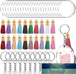 1 Set Acrylic Clear Circle Discs Keychain Set Round Acrylic Keychain Blank Läder Tassel Hängsmycke Hoppa Ringar för DIY