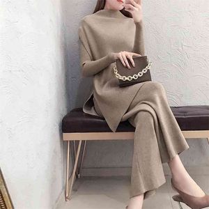 High-necked Long-sleeved Knitted Sweater Female Suit Three-piece Loose Wide-leg Pants Lace Side Slit Vest Women Sets 210427