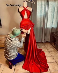 Red Evening Dress 2023 Halter Sexy Sleeveless Short Front Long Back African Women Unique Satin Formal Gowns200m