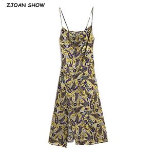 Vintage Francês Verão Paisley Floral Impressão Espaguete Strap Midi Vestido Retro Sexy Mulheres Botões Sling Slit Vestidos Vestido 210429