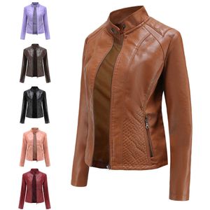 Women's Leather Jacket Plus Size Stand Collar Zipper Black Faux Leather Jacket Slim Style Autumn Female Outwear 211011