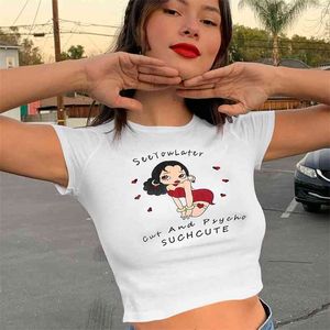 Impressão dos desenhos animados Y2K Crop Top Mulheres Verão Harajuku O-pescoço T-shirts para meninas com manga curta Korean Kawaii White Tee Feminino 210510