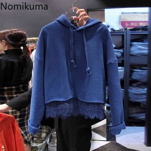 Nomikuma Höst Winter Fleece Pullover Hoodies Koreanska Lace Patchwork Jumper Causal Långärmad Hooded Sweatshirt 6d282 210427