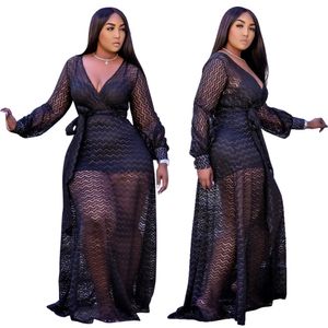 Plus Size Black Sexy Dress Sets Hurtownie Moda Streetwear Mesh Maxi Sukienki Damskie Stroje Klub urodzinowy Dropshipping X0521