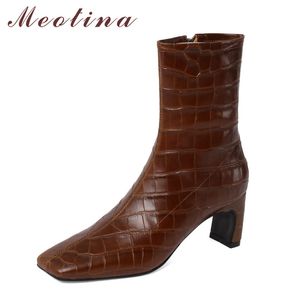 Meotina Short Boots Women Shoes Real Leather High Heel Ankle Boots Square Toe Zipper Chunky Heels Female Boots Autumn Brown 40 210520