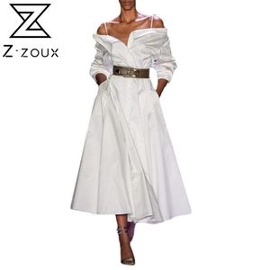 Women Dress Temperament White Maxi es Long Sleeve Off Shoulder Single Breasted Plus Size Summer es 210513