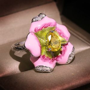 Lyxig blomma kristall citrin ädelstenar diamanter rosa emalj ringar för kvinnor 18k vit guld färg silver 925 party band smycken