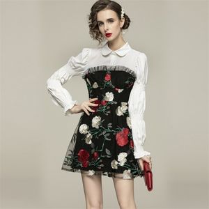 Fashion Runway Elegant Puff Sleeve Mini Dress Kvinnor Fake Two-Piece Sweet Flowers Mesh Patchwork Party 210519