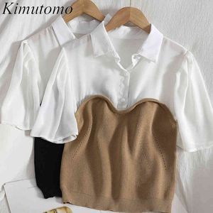Kimutomo Stitching Contrast Chiffon Pullover Kvinnor Bröst Kortärmad Sväng Krage Topp Tjejer Vår Sommar Fashion 210521