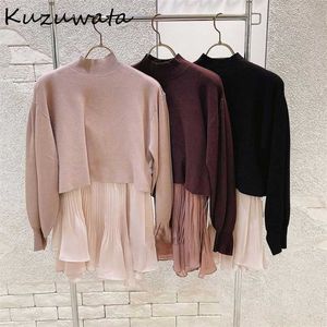 Kuzuwata outono suéteres japonês jumpers manga comprida costas cordão de malha pulseira retalhos plissados ​​rebufled sling conjuntos 211215
