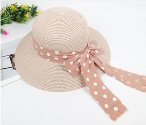 レディースワイドブリムわらパナマハットFedora夏のビーチSun Hat /装飾的な水玉弓UPF麦わら帽子女性のための麦わら帽子