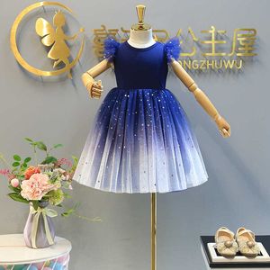 Girls Navy Sequins Stars Dress for Kids Tutu Princess Vestido Clothing Outfit Little 2-6yrs 210529