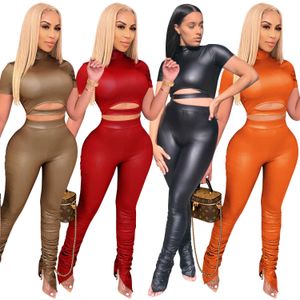 Cutubly Kurzarm Damen Set Outfits Herbst Winter Pu Sexy Zweiteilige Sets Cut Out Solid Top Hosen Hose Set Club Trainingsanzug Y0625