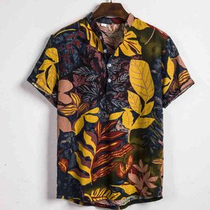 Yaprak Gömlek Erkekler Kısa Kollu Baskı Rahat Erkek Gömlek Plaj Tatil Hawaii Vamisas Renkli Etnik Tarzı Keten Camisa 210524