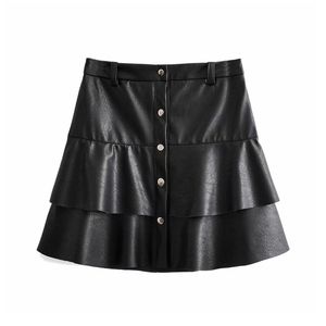 Stylowy Chic Black PU Leather Ruched Mini Spódnica Moda Kobiety Spódnice Casual Streetwear Jupe Femme 210430