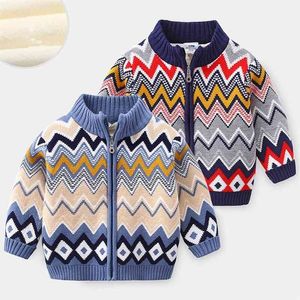 Vinter varm 2-12 år Barn Outwear Coats Geometric Tjockning Plus Velet Turtleneck Tröja Jacka för barn Baby Boys 210701