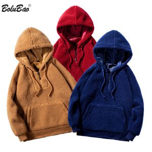 Bolubao Kvalitet Märke Män Lambull Hoodies Vinter Mäns Mode Solid Färg Tröjor Manlig Big Pocket Hoodie Toppar 210518