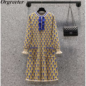 Longo pétala manga tricô vestido mulheres 2021 outono moda retro padrão ruffles patchwork bolso solto elegante ol camisola vestido y1006