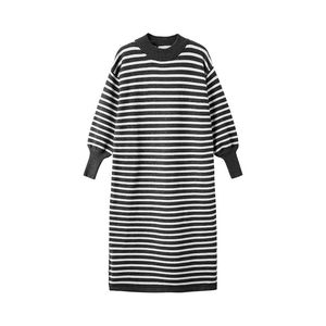 Casual Dresses PERHAPS U Black And White Crew Neck Long Sleeve Stripped Knitted Knee Length Loose Sweater Dress Autumn Winter D1382