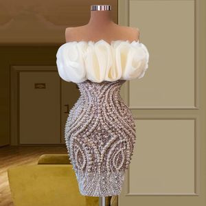 More Pearls White Cocktail Evening Dresses Off Shoulder Tiered Ruffles Mini Above Knee Length Women Prom Dress Sleeveless Robe De Soriee