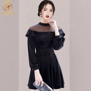 Autunno Runway Vintage Black Party Dresses Donna Stile coreano chic Mesh Patchwork Elegante Vestido Da Festa 210520