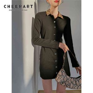 Leopardプリントカラーボタンアップミニドレス女性長袖ブラックニットレディースシャツ韓国のファッション服210427