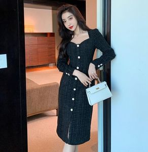 Casual Dresses Fashion Designer Single Breasted V Neck Tweed Dress Spring Autumn Women Long Sleeve Pearl Button Vintage Slim Sheath Midi