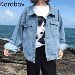 Korobov Frauen Denim Mäntel Frühjahr Neue Langarm Streetwear Bomber Jacken Harajuku Drehen Unten Kragen Chic Outwear 79520 210430