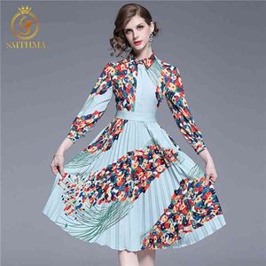 High Quality Designer Runway Dress Women Spring Woman Clothes Long Sleeve Floral Print Turn-Down Collar Midi Pleated Dresse 210520