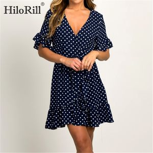 Summer Beach Sukienka Kobiety Polka Dot Mini Es Boho Sundress Ruffles Krótki Rękaw Casual Party Robe Femme 210508