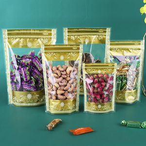 400pcs levantam-se flores de ouro PE sacos de plástico Doypack bolsa de zíper janela de armazenamento de alimentos embalagens bolsa de embalagem polybag