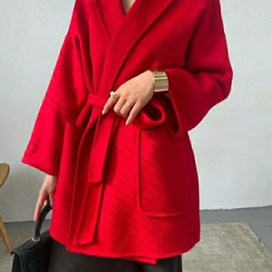 여성용 겉옷 겨울 새로운 웨이브 짧은 디자인 캐시미어 느슨한 코트 벨트가있는