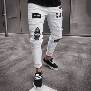 Стильные мужские брюки значок разорвал отверстие карманы тощие джинсы эластичные колготки джинсовые брюки тонкие классические ковбои мужчина бегать брюки x0621