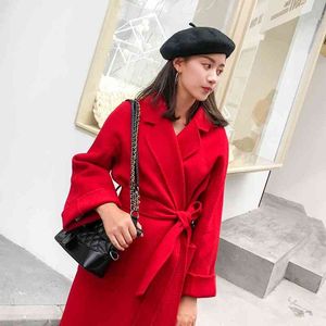 Красный Австралийский оптовых-Партия ярко красного двухстороннего пальто Tweed Tweed женская осенью и зима новая ручная длина колена австралийская шерсть