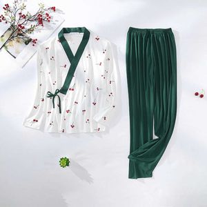 Damska bawełniana Piżama seks Setwear Set Kobiety Drukuj Piżama Zestaw 2 Szeczka / Kostium Top Kimono Koszula Długi Pant Mom Homewear Duży rozmiar 210622