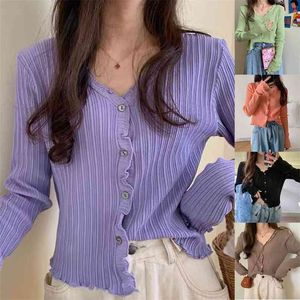 Mulheres Verão Manga Longa Solcreen Cardigan Ribbed Knit Ruffles Sweater Crop Top Button Down Color Sólido V-Pescoço Outwear 210914