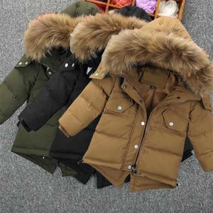 Boutique 1-5Y Parker Hodded Solid Faux Fur Collar Zipper Waist Drawstring Jacket Kids Boys Winter Coat Clothes for Babys 211203