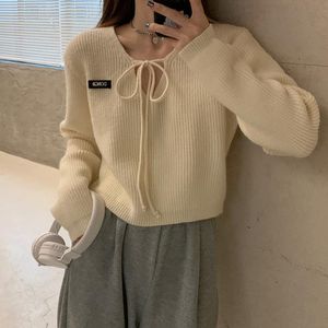 Autumn Winter Fashion Korean Clothing V-Neck Loose Pullovers Casual Bandage Long Sleeve Sticked Sweaters Women Solid Crop Tops Women's