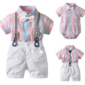 Focusnorm 2 Stück Kleinkind Kinder Baby Jungen 1-4 Jahre Gentleman Outfit Kleidung Rosa Plaid Kurzarm Strampler Top + Shorts Sommerkleidung Set X0802