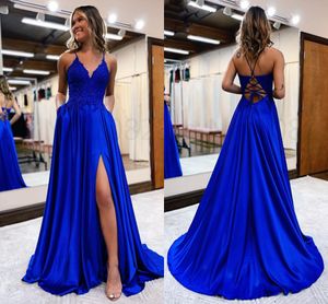 Size Sexy Plus Royal Blue Green Satin A-Line Prom Dress High Side Slit Floor Length Party Gowns Long Beaded Formal Evening Dresses Custom Made es